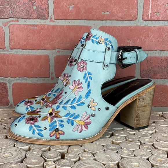 jolimall Shoes - Jolimall Blue Leather Floral Embroidered Chunky Wooden Heel Ankle Booties 10